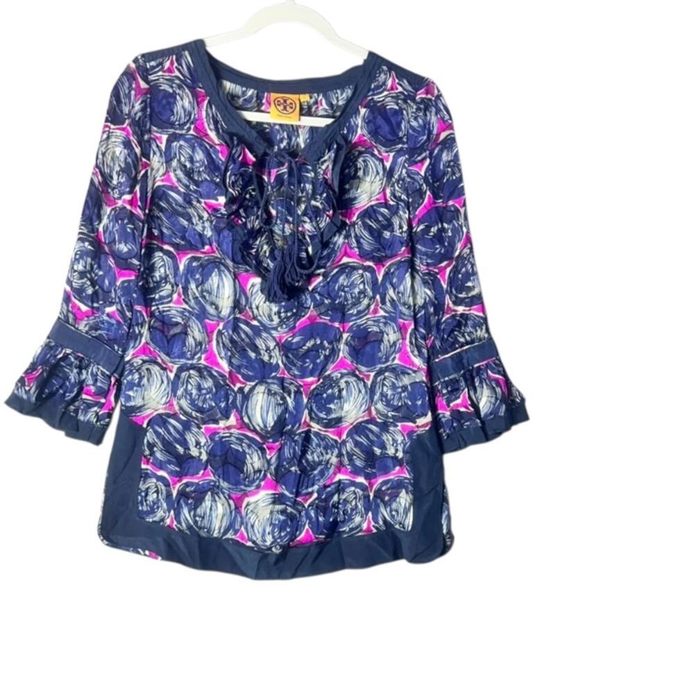 Tory Burch Navy Pink Abstract‎ Print Blouse Size 2 Boho Ruffle Neck